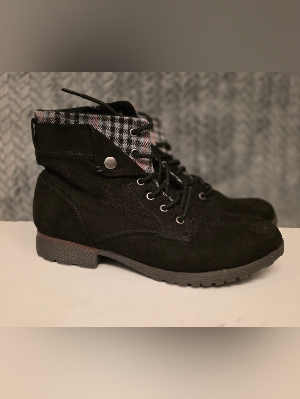 Rock & Candy Black Suede Lace-Up Ankle Boots with Plaid Cuff